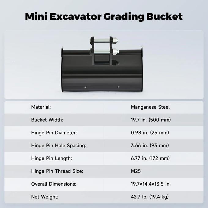 500mm Plain Flat Bucket Attachment 20" for Mini Excavator Digger with 2 Pins