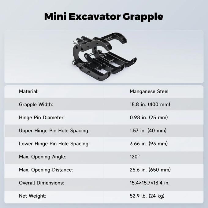 Mini Excavator Grapple Grabber Attachment with Wide Opening for Woods Rocks