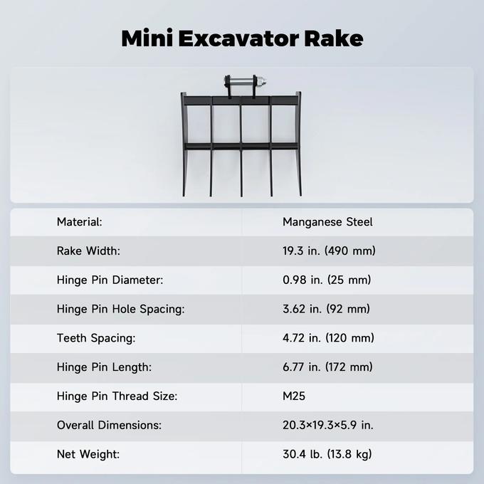 19.3" Mini Excavator Rake Attachment for Land Clearing, Debris Removing, Soil Spreading